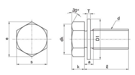 鉄 六角トリーマ頭セムス小ねじ P＝1 (JIS平座 組込)の寸法図