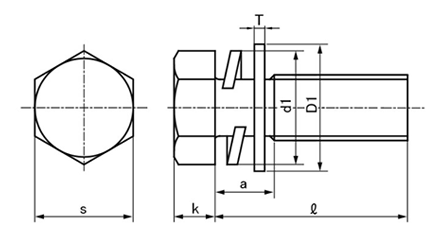鉄 六角トリーマ頭セムス小ねじ P＝4 (バネ座+JIS小形平座 組込)の寸法図