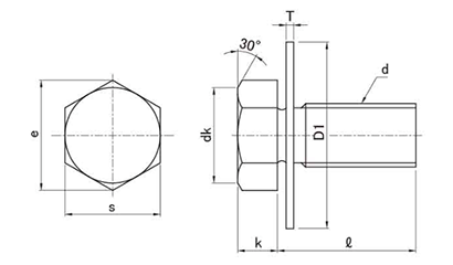 鉄 六角トリーマ頭セムス小ねじ PD＝1(大径平座組込)の寸法図