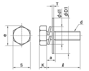 鉄 六角トリーマ頭セムス小ねじ PD＝3 (バネ座+大径平座 組込)の寸法図