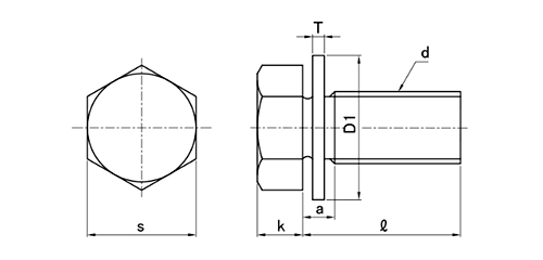 鉄 六角トリーマ頭セムス小ねじ I＝1 (ISO平座組込)の寸法図