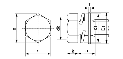 鉄 六角トリーマ頭セムス小ねじ I＝4 (バネ座+ISO小形平座 組込)の寸法図