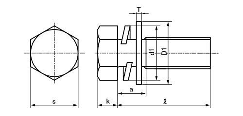 鉄 小形六角トリーマ頭セムス小ねじ P＝3 (バネ座+JIS平座 組込)の寸法図
