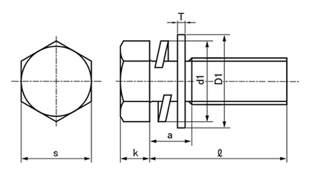 鉄 小形六角トリーマ頭セムス小ねじ(細目) P＝3 (バネ座+JIS平座 組込)の寸法図