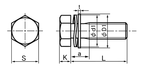 鉄 六角トリーマ頭セムス小ねじ SP＝3 (ツーロック・バネ座+JIS平座 組込)の寸法図