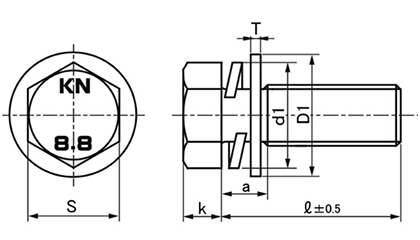 鋼 強度区分8.8 六角トリーマ頭セムスボルト P＝3 (バネ座+JIS平座 組込)(金剛鋲螺)の寸法図