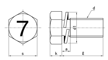 鋼 (7マーク)六角トリーマ頭セムス小ねじ P＝2 (バネ座組込)の寸法図