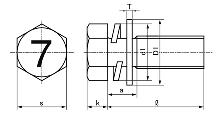 鋼 (7マーク)六角トリーマ頭セムス小ねじ P＝3 (バネ座+JIS平座 組込)の寸法図