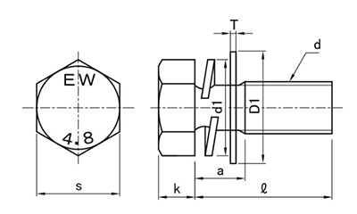 鉄 六角トリーマ頭セムス小ねじ P＝3 (バネ座+JIS平座 組込)(永和製)の寸法図