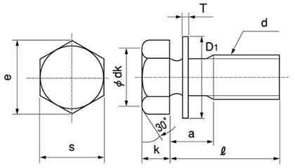 鉄(4.8) 六角トリーマ頭セムス小ねじ I＝1 (ISO平座組込)(永和鋲螺製)の寸法図
