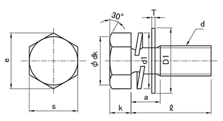 鉄 六角トリーマ頭セムス小ねじ I＝3 (バネ座+ISO平座 組込)(永和製)の寸法図