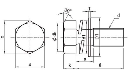 鉄 六角トリーマ頭セムス小ねじ P＝3 (バネ座+JIS平座 組込) 金剛製の寸法図