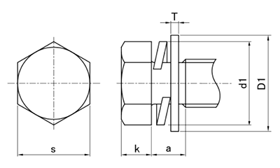 鉄 六角トリーマ頭セムス小ねじP＝3(薄板用)(バネ座+JIS平座 組込)の寸法図