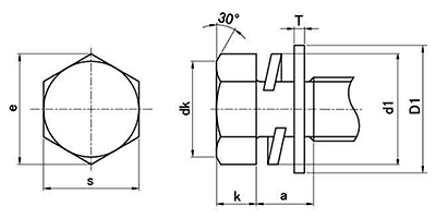 黄銅 六角トリーマ頭セムス小ねじ P＝3 (バネ座+JIS平座 組込)の寸法図
