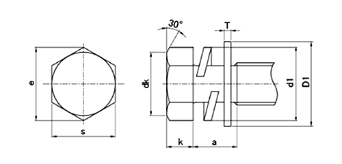 黄銅 六角トリーマ頭セムス小ねじ I＝3 (バネ座+ISO平座 組込)の寸法図