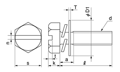 黄銅 (-)六角トリーマ頭セムス小ねじ P＝3 (バネ座+JIS平座 組込)の寸法図