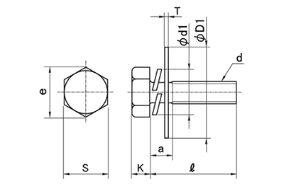 ステンレス 六角トリーマ頭セムス小ねじ PD＝3 (バネ座+大径平座組込)の寸法図