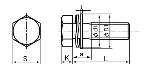 ステンレス 六角トリーマ頭セムス小ねじ SP＝3 (ツーロック座+JIS平座 組込)の寸法図