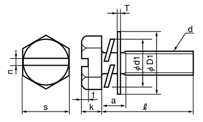 ステンレス (-)六角トリーマ頭セムス小ねじ P＝3 (バネ座+JIS平座 組込) (スリワリ頭)の寸法図