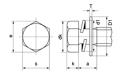 ステンレス 六角トリーマ頭セムス小ねじ P＝3 (バネ座+JIS平座 組込)(光精工)の寸法図