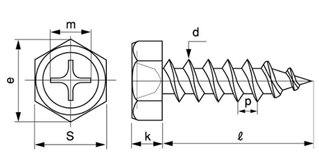 鉄(+)六角アプセット頭 タッピンねじ(1種 A形)の寸法図
