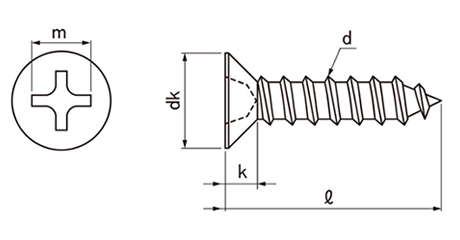 鉄(+)皿頭 小頭 (頭径D＝7) タッピンねじ(1種 A形)の寸法図