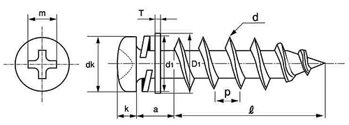 鉄(+)ナベ頭 タッピンねじ(1種 A形) P＝3 (バネ座+JIS平座 組込)の寸法図