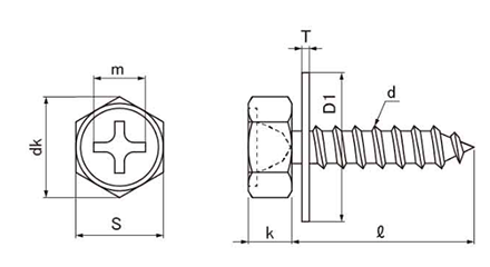 鉄(+)六角アプセット頭 タッピンねじ(1種A形)PD＝1(平座φ16組込)の寸法図