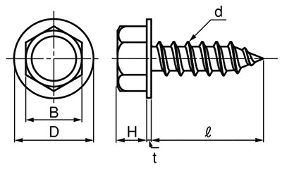 鉄 六角アプセットフランジ頭 タッピンねじ(1種 A形)の寸法図