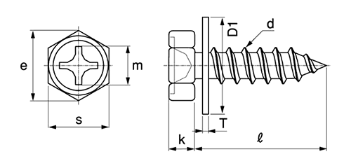 鉄(+)六角アプセット頭 タッピンねじ(1種A形)P＝N(ナイロン平座φ12組込)の寸法図