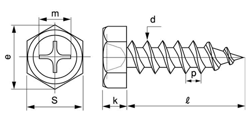 ステンレス(+)六角アプセット頭 タッピンねじ(1種 A形)の寸法図