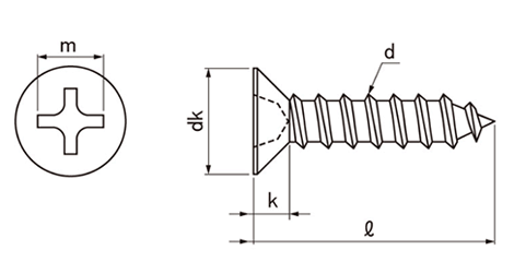 ステンレス(+)皿頭 小頭 (頭径D＝7) タッピンねじ(1種 A形)の寸法図