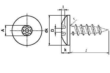 ステンレス TRXタンパープルーフ トラス頭タッピンねじ(1種A形)(ピン付き)の寸法図