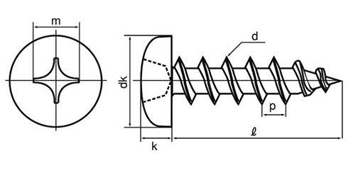 ステンレス SUS410(+)ナベ頭 タッピンねじ(1種 A形)焼パシべート処理の寸法図