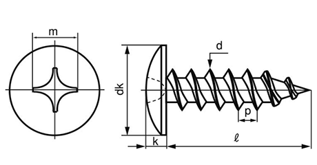 ステンレス SUS410(+)トラス頭 タッピンねじ(1種 A形)の寸法図