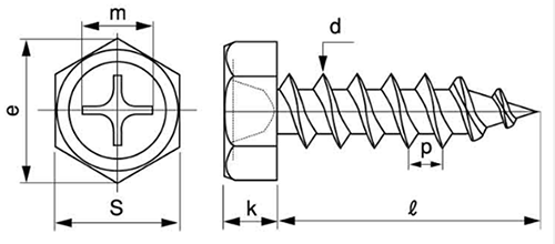 ステンレスSUS410 (+)六角アプセット頭 タッピンねじ(1種 A形)の寸法図