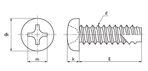 鉄(+)ナベ頭 タッピンねじ(2種溝付き B-1形)の寸法図