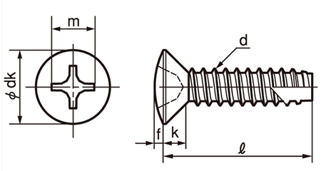 鉄(+)丸皿頭 タッピンねじ(2種溝付き B-1形)の寸法図