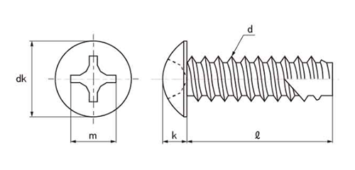 鉄(+)トラス頭 タッピンねじ(2種溝付き B-1形)の寸法図
