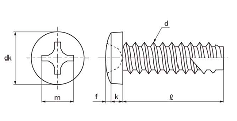 鉄(+)バインド頭 タッピンねじ(2種溝付き B-1形)の寸法図