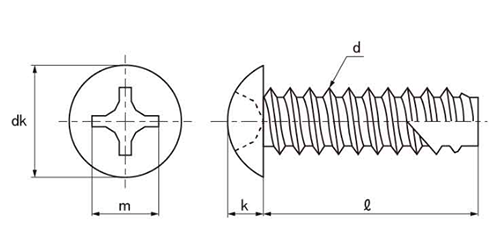 鉄(+)ブレジャー頭 タッピンねじ(2種溝付き B-1形)の寸法図