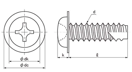 鉄(+)ナベ頭 ワッシャーヘッドタッピンねじ(2種溝付 B-1形)の寸法図
