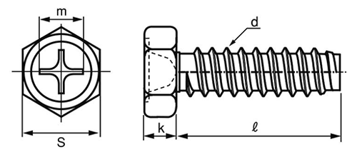 鉄(+)六角アプセット頭 タッピンねじ(2種溝なし B-0形)の寸法図