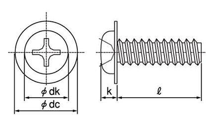 鉄(+)ナベ頭 ワッシャーヘッドタッピンねじ(2種溝なし B-0形)の寸法図