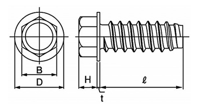 鉄 六角フランジタッピンねじ(2種溝なし B-0形)の寸法図