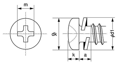 鉄(+)ナベ頭 タッピンねじ(2種溝付きB-1形) P＝2 (バネ座組込)の寸法図