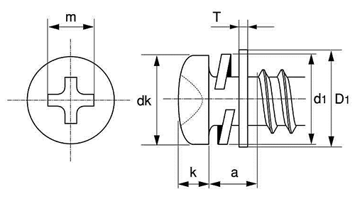 鉄(+)ナベ頭 タッピンねじ(2種溝付B-1形)P-3 (バネ座+JIS平座 組込)の寸法図