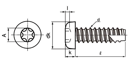 鉄 TRX ナベ頭 タッピンねじ(2種溝付き B-1形)の寸法図
