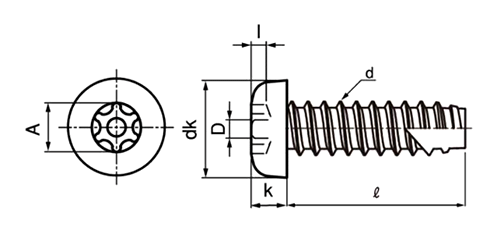 鉄 TRXタンパープルーフ ナベ頭 タッピンねじ(2種溝付き B-1形)(ピン付き)の寸法図