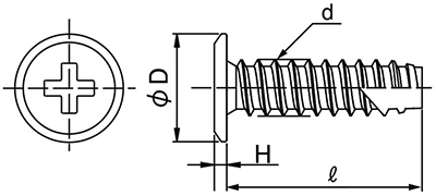 鉄(+)スリムヘッドタッピンねじ(2種溝付 B-1形) (極低頭タイプ)の寸法図